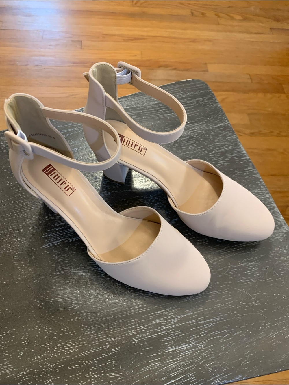 Ankle-Strap Mid Heel Pumps in Light Tan, Size 8